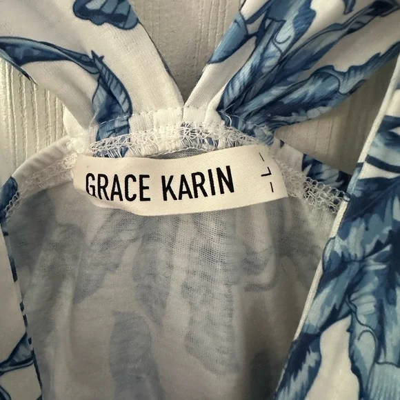 EUC Grace Karin Elegant Blue Leaf Print Maxi Dress PtP 18-20" stretch smocking - Picture 4 of 5